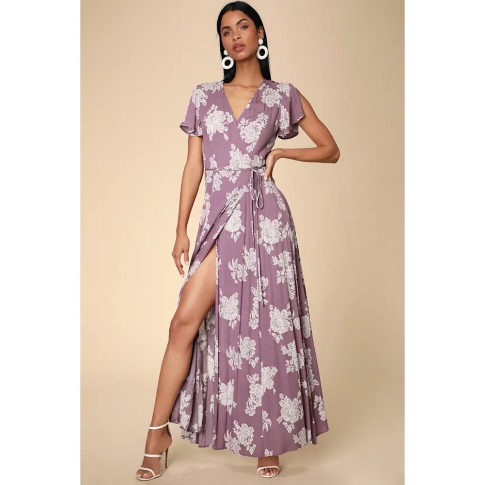 Lulus Heart of Marigold Dusty Lavender Floral Print Wrap Maxi Dress XS